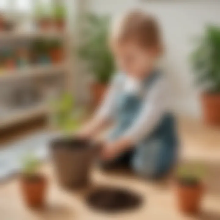 2-year-old planting seeds in a small pot