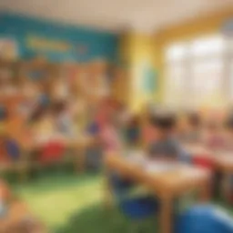 A colorful classroom with children engaged in play-based learning activities