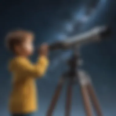 Child observing the stars through a telescope