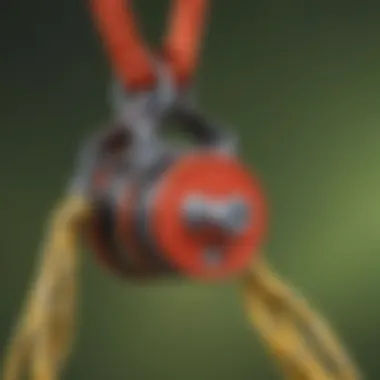 Close-up of zip line pulley system with safety harness
