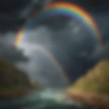 Illustration of a rainbow breaking through dark clouds