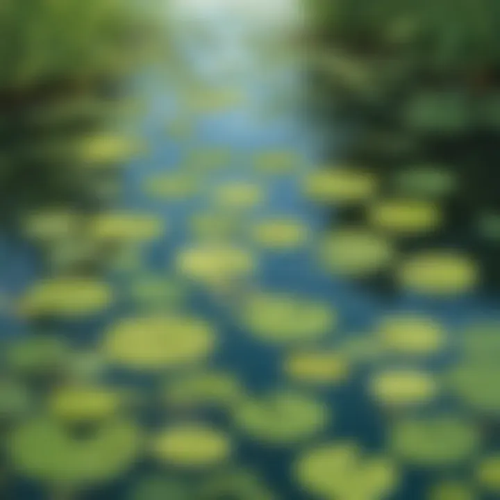 Reflections of Nature: A serene view of vibrant green lily pads floating on the calm surface of the pond