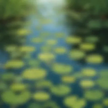 Reflections of Nature Reflections of Nature: A serene view of vibrant green lily pads floating on the calm surface of the pond