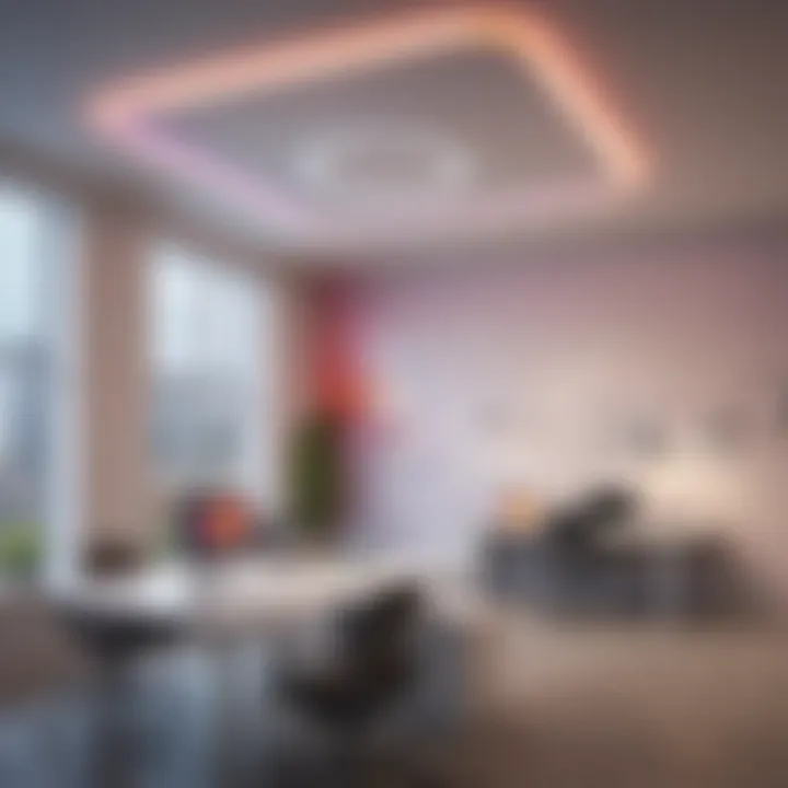 Integrated voice control lighting system showcasing dynamic colors in a futuristic office