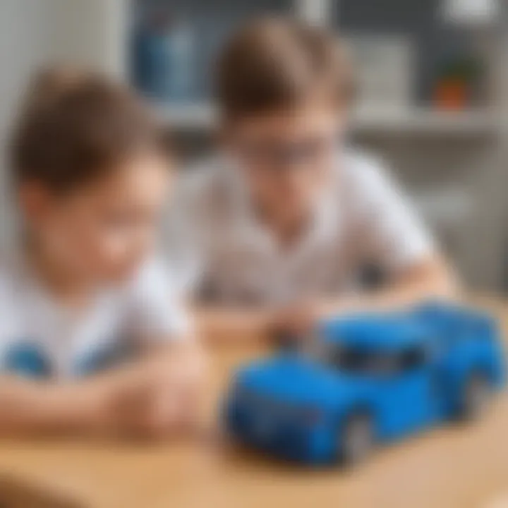 Young Science Buddies engrossed in building blue LEGO car