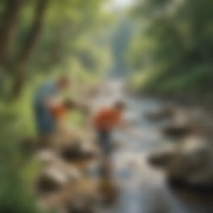 Youngsters conducting a science experiment near a flowing stream