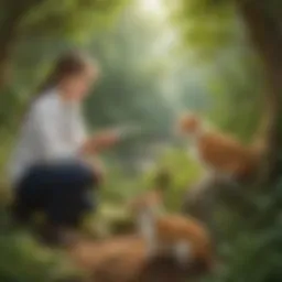 Young scientists observing a small pet in a natural setting