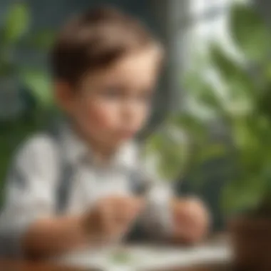 Kid examining a plant specimen under a magnifying glass