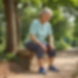 Elderly woman practicing deep knee bends outdoors