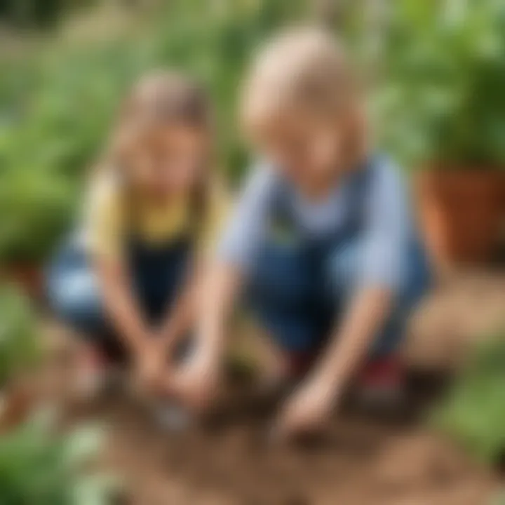 Children joyfully planting seeds in soil with gardening tools