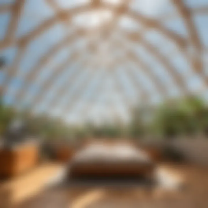 Small geodesic dome interior with natural light filtering through