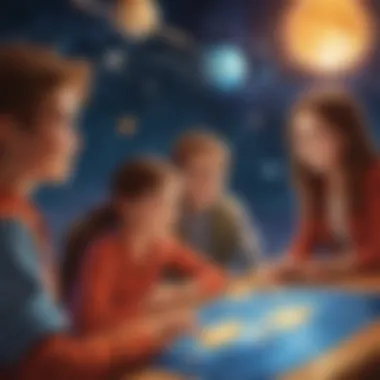 Illustration of a group of children answering solar system quiz questions