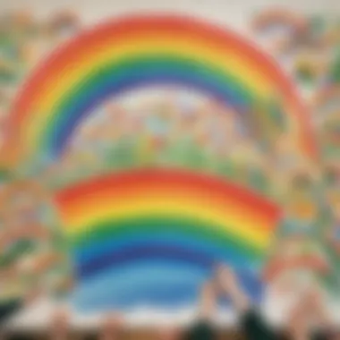 Kindergarten students engaged in collaborative painting of a rainbow