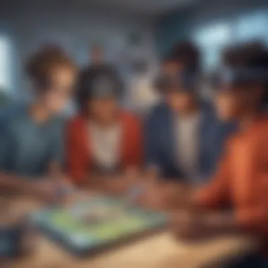 Illustration of diverse group of children collaborating on a science project using a virtual reality STEM game