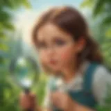 Young girl exploring nature with magnifying glass