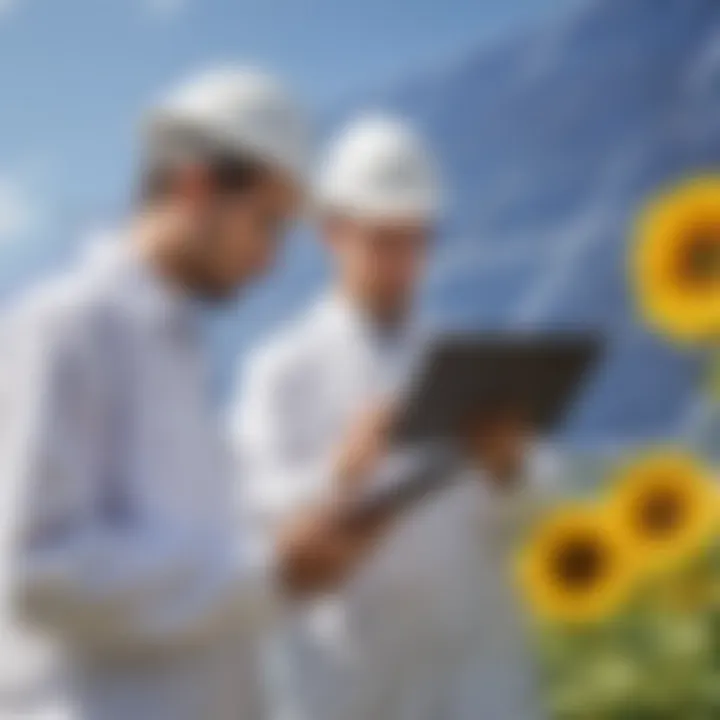 Engineers analyzing data on a tablet in front of solar panels