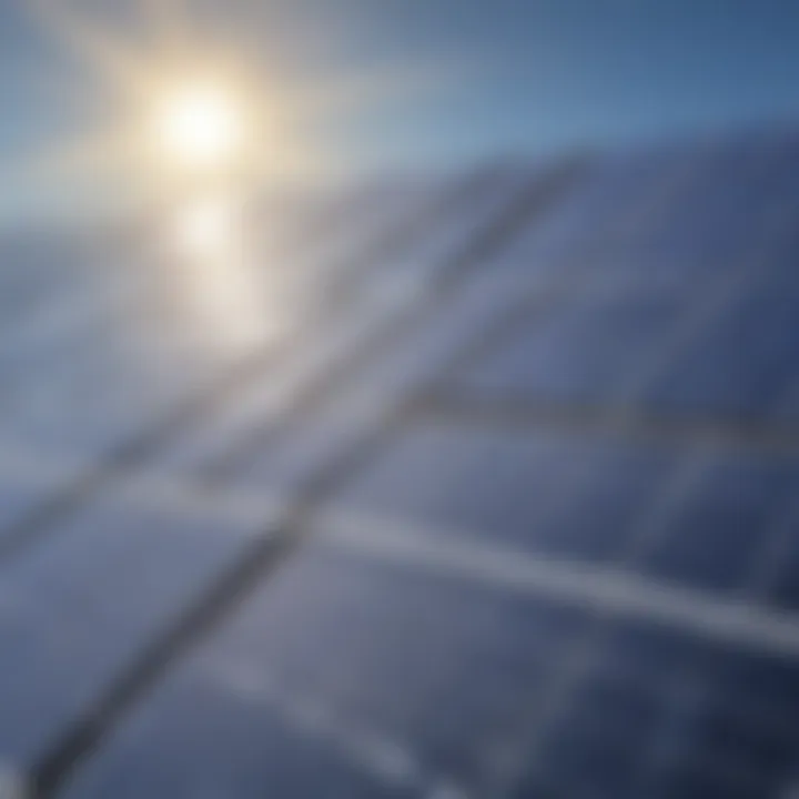 Close-up of solar panels reflecting sunlight with a clear sky in the background