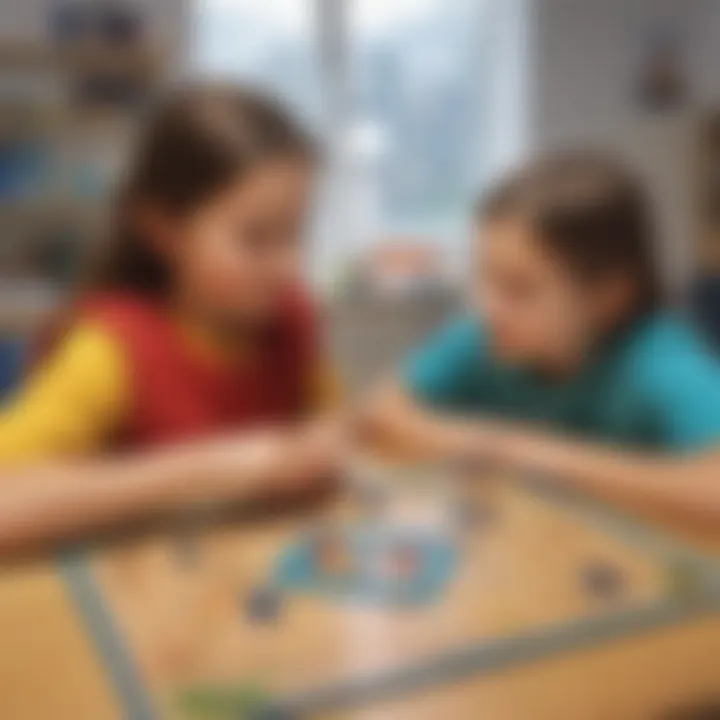 Children engaged in a collaborative activity using geoboards and rubber bands