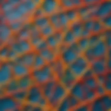 Close-up of rubber bands stretched across a geoboard forming complex patterns