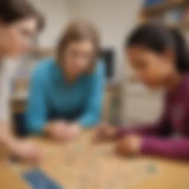 A teacher guiding students in a geoboard activity that encourages spatial reasoning