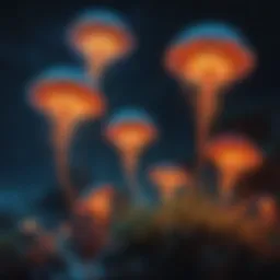 A vibrant underwater scene showcasing bioluminescent dinoflagellates illuminating the ocean at night.