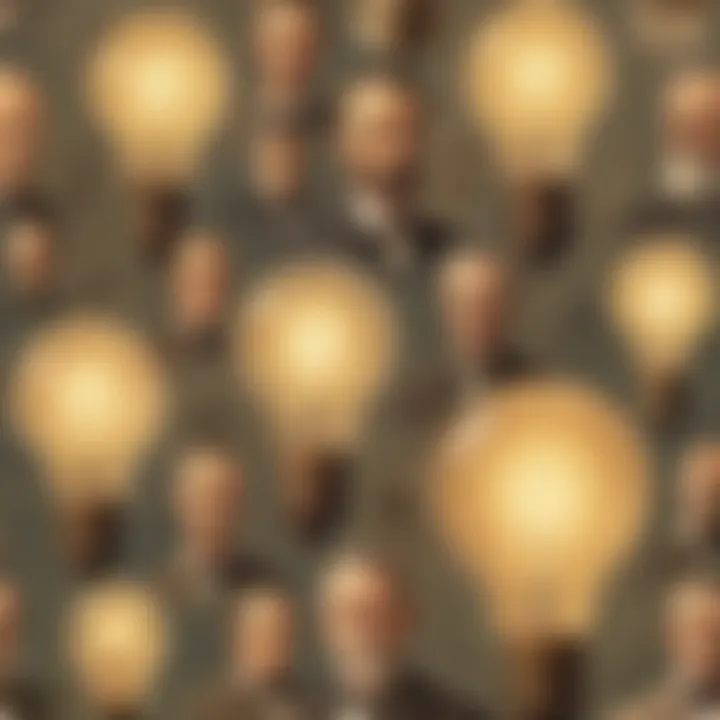A historical montage showcasing different inventors who contributed to the development of the light bulb.