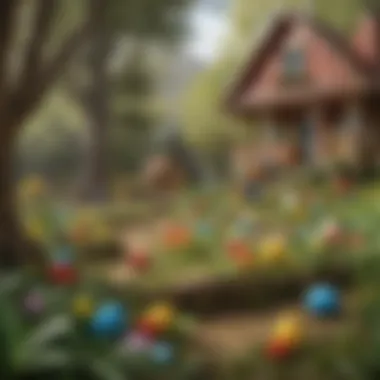 An outdoor setting transformed for a LEGO egg hunt with colorful decorations.