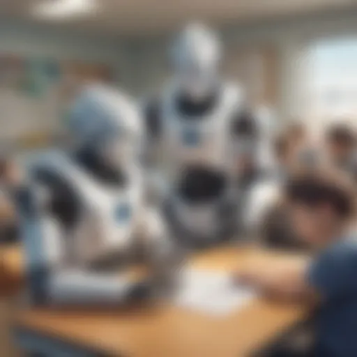 A robot assisting students in a classroom setting, showcasing interactive learning.