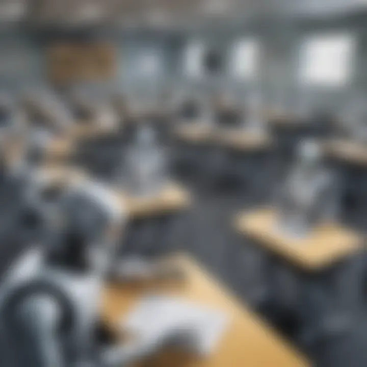 A futuristic classroom equipped with various robots, highlighting the evolution of education.