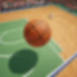 Illustration of a basketball bouncing on a court