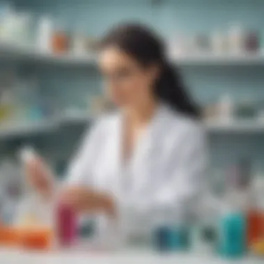 A hair care expert analyzing the chemical composition of shampoo in a laboratory setting.