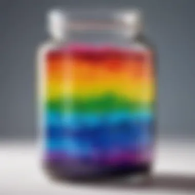 A close-up view of a scientific glass jar containing colorful liquids, illustrating a vibrant experiment.