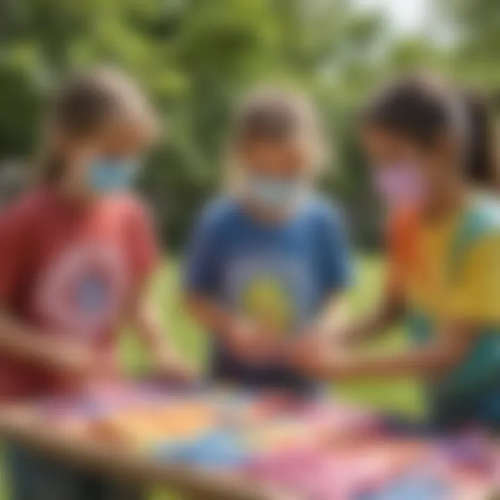 Children engaging in a tie-dye project outdoors, wearing protective gear.