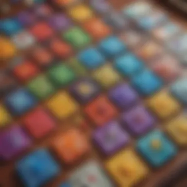 Close-up of colorful game cards and tokens for a board game