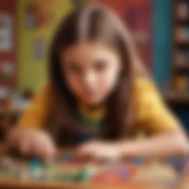 Young girl strategically placing game pieces on colorful board