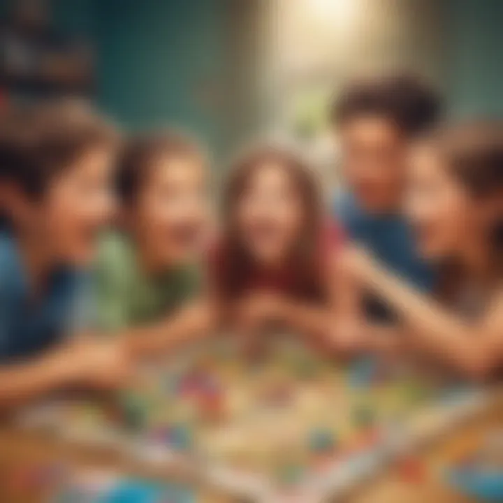 Group of kids laughing and playing cooperatively around a board game