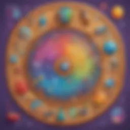 Illustration of a colorful triboard poster with various science symbols and elements