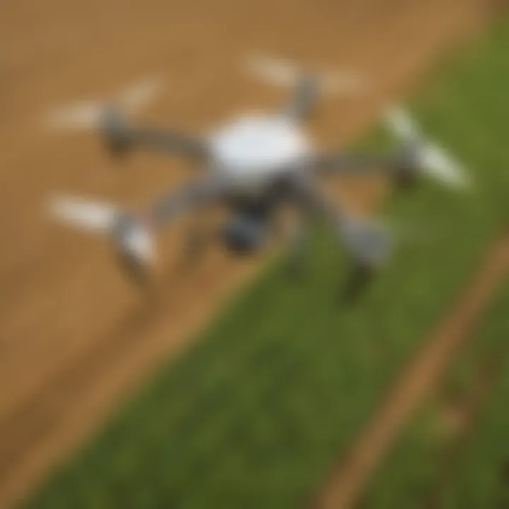 Drone surveying agricultural fields for crop analysis.