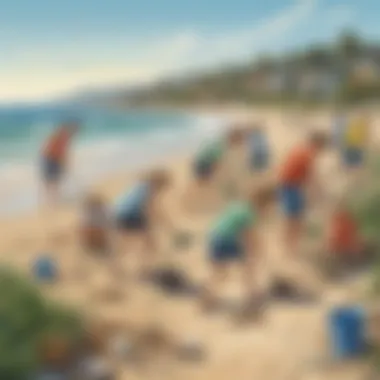 A lively depiction of children taking part in a community clean-up at a local beach.