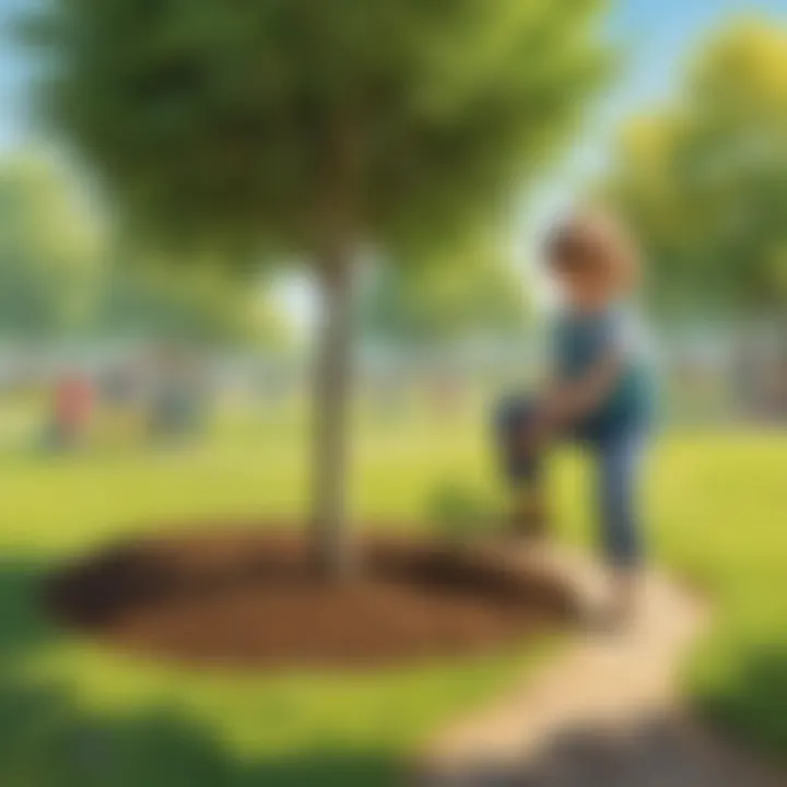 A vibrant illustration of a young child planting a tree in a sunny park.