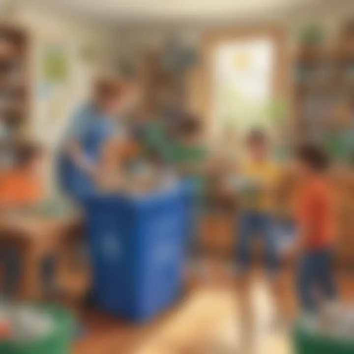 An engaging scene where kids are learning about recycling with colorful bins.