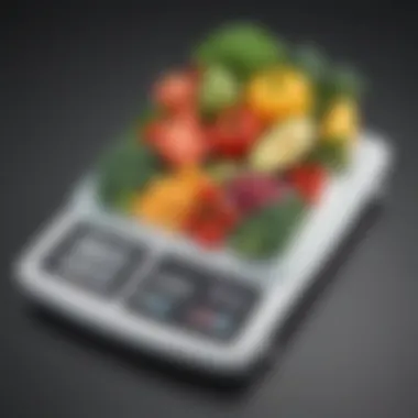 A digital scale displaying weight measurements of fresh produce, symbolizing accuracy in nutritional analysis.