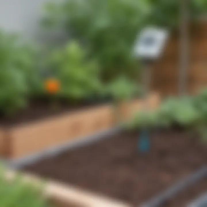 A soil moisture sensor embedded in a garden bed