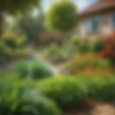 A vibrant garden showing healthy plants with an irrigation system