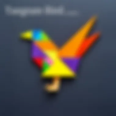 A colorful arrangement of tangram pieces forming a bird shape