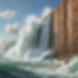 A breathtaking view of a towering wall of water crashing onto the shore