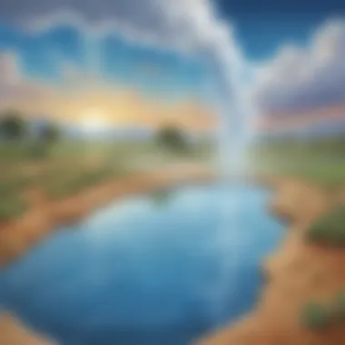 Illustration depicting the evaporation stage of the water cycle, showcasing water transforming into vapor