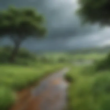 Rain falling onto a lush green landscape