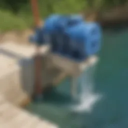 Illustration of a water lifter pump in action, showing how it moves water from a lower level to a higher level.