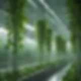 Lush green hydroponically grown plants in a futuristic setting